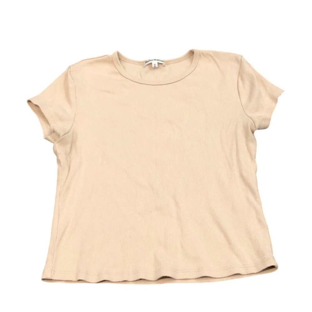 Reformation T-Shirt Womens M Beige Ribbed Organic Cotton Short Sleeve Tee
